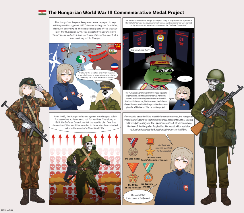 1girl 3boys absurdres adjusting_hair akm akm-63 amd-65 ammunition_pouch arrow_(symbol) assault_rifle belt beret black_boots black_hat blonde_hair blue_hoodie boots brown_boots brown_shirt camouflage camouflage_jacket camouflage_pants canteen cold_war combat_boots combat_helmet comic countryball cross crossed_arms english_text explosion faceless faceless_male folding_stock gas_mask gloves green_gloves green_jacket green_pants gulyas gun gun_sling hammer_and_sickle hand_grenade hat helmet highres holding holding_gun holding_weapon hood hoodie huge_filesize hungarian_army hungarian_flag hungarian_people&#039;s_army hungarian_people&#039;s_republic hungary italy jacket kalashnikov_rifle korean_text map mask medal medium_hair military military_combat_uniform military_dress_uniform military_hat military_uniform multiple_boys mushroom_cloud nato neon_genesis_evangelion nuclear_explosion original pants paratrooper peaked_cap pepe_the_frog pouch red_star rifle running sam_browne_belt seele_(evangelion) shirt shoulder_boards skull soviet spade speech_bubble ssh-68_combat_helmet star_(symbol) stick_grenade sweatdrop switzerland translation_request two-barred_cross warsaw_pact weapon weapon_of_mass_destruction white_gloves world_war_iii yellow_eyes yugoslavia