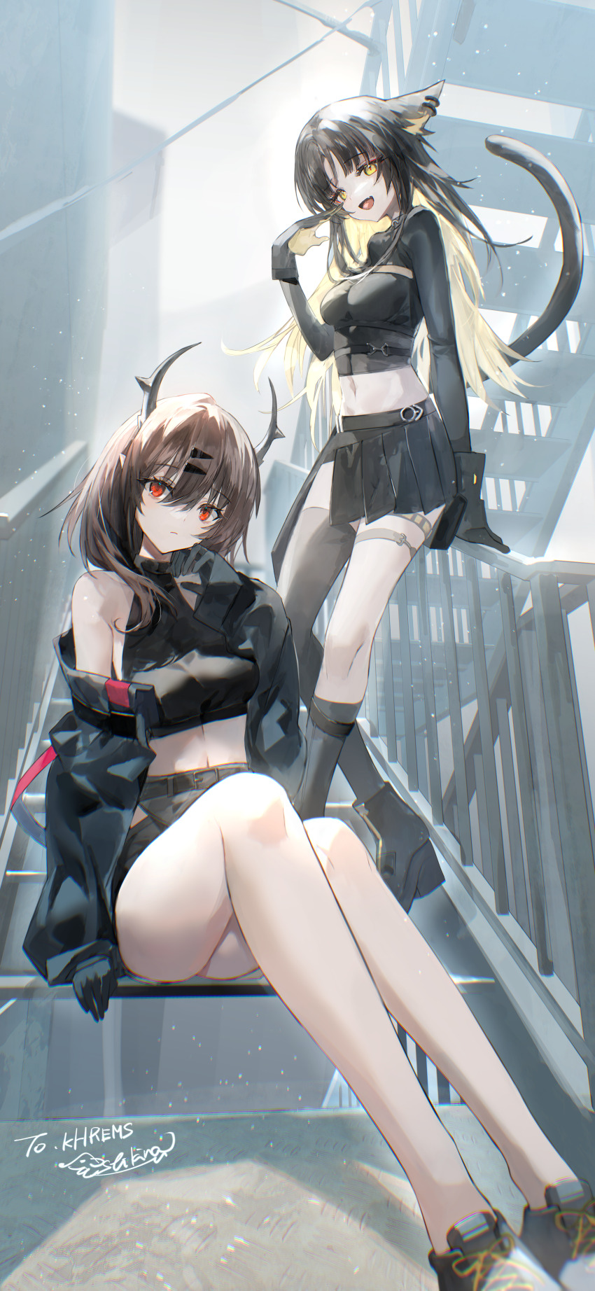 2girls absurdres animal_ears bare_legs bare_shoulders black_hair black_shirt black_skirt breasts brown_hair cat_ears cat_tail commission crop_top gloves highres horns jacket khremz&#039;s_character long_hair long_sleeves looking_at_viewer medium_breasts midriff miniskirt multicolored_hair multiple_girls navel off_shoulder open_clothes open_jacket open_mouth original outdoors pleated_skirt red_eyes second-party_source shikina_(mochigushi_) shirt shoes side_slit single_thighhigh sitting skirt sleeveless sleeveless_shirt smile tail thighhighs thighs two-tone_hair yellow_eyes