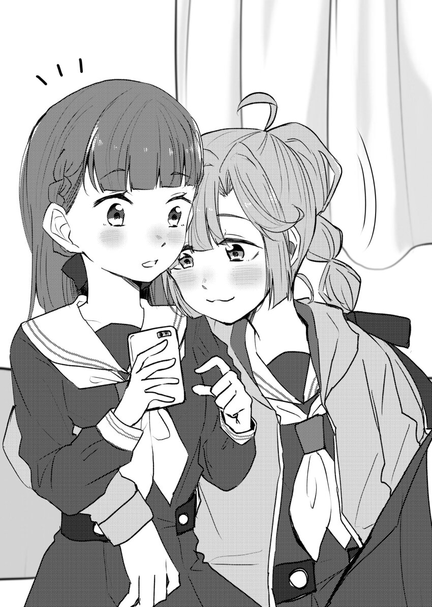 2girls :3 anyoji_hime arm_around_waist blunt_sidelocks commentary curtains dress greyscale hasu_no_sora_school_uniform highres holding holding_phone indoors kachimachi_kosuzu leaning_on_person leaning_to_the_side link!_like!_love_live! long_hair long_sleeves looking_at_phone love_live! medium_dress monochrome multi-tied_hair multiple_girls namazakana_kuenai neckerchief notice_lines open_mouth phone pleated_dress ponytail sailor_collar sailor_dress school_uniform sidelocks sitting virtual_youtuber winter_uniform