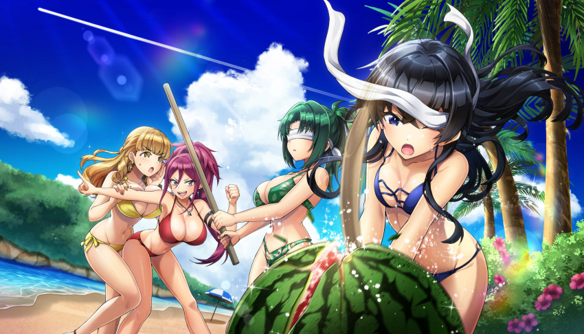 4girls ayato_utae bare_shoulders bikini black_hair blindfold blonde_hair blue_bikini blue_eyes blue_sky blush bokken breasts cleavage cloud cloudy_sky collarbone day dolphin_wave earrings flower food fruit game_cg green_bikini green_eyes hagane_otsuki harunami_anri highres holding jewelry kurenashi_yuuri large_breasts long_hair multiple_girls navel necklace non-web_source o-ring o-ring_bikini official_art one_eye_closed ootomo_takuji open_mouth outdoors palm_tree parted_lips ponytail purple_eyes red_bikini sharp_teeth shiny_skin sky slashing small_breasts smile stomach suikawari sunlight sweat sweatdrop swimsuit sword teeth thighs tree watermelon weapon wooden_sword yellow_bikini yellow_eyes