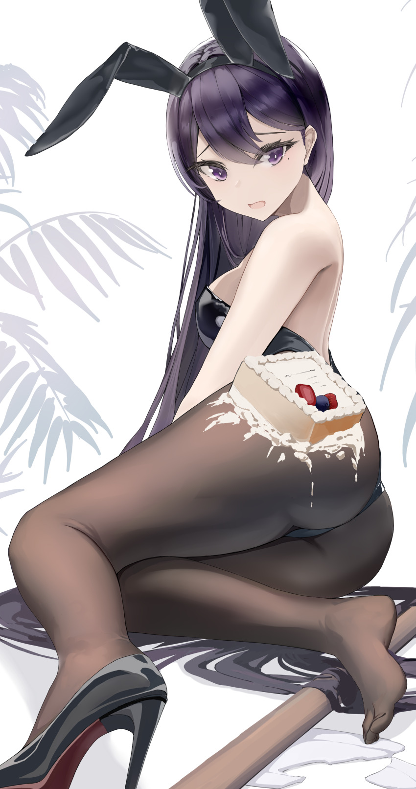 1girl absurdres animal_ear_hairband animal_ears ass bang_dream! bang_dream!_it&#039;s_mygo!!!!! black_hair black_leotard black_pantyhose black_shoes breasts broken_plate cake chinese_commentary cleaning_brush commentary_request fake_animal_ears food food_on_clothes hairband high_heels highres leotard long_hair medium_breasts pantyhose patent_heels plate playboy_bunny pumps purple_eyes rabbit_ears red_soles shiina_taki shoes single_shoe sitting solo stiletto_heels strapless strapless_leotard vader_(user_wahr2572) wrist_cuffs yokozuwari