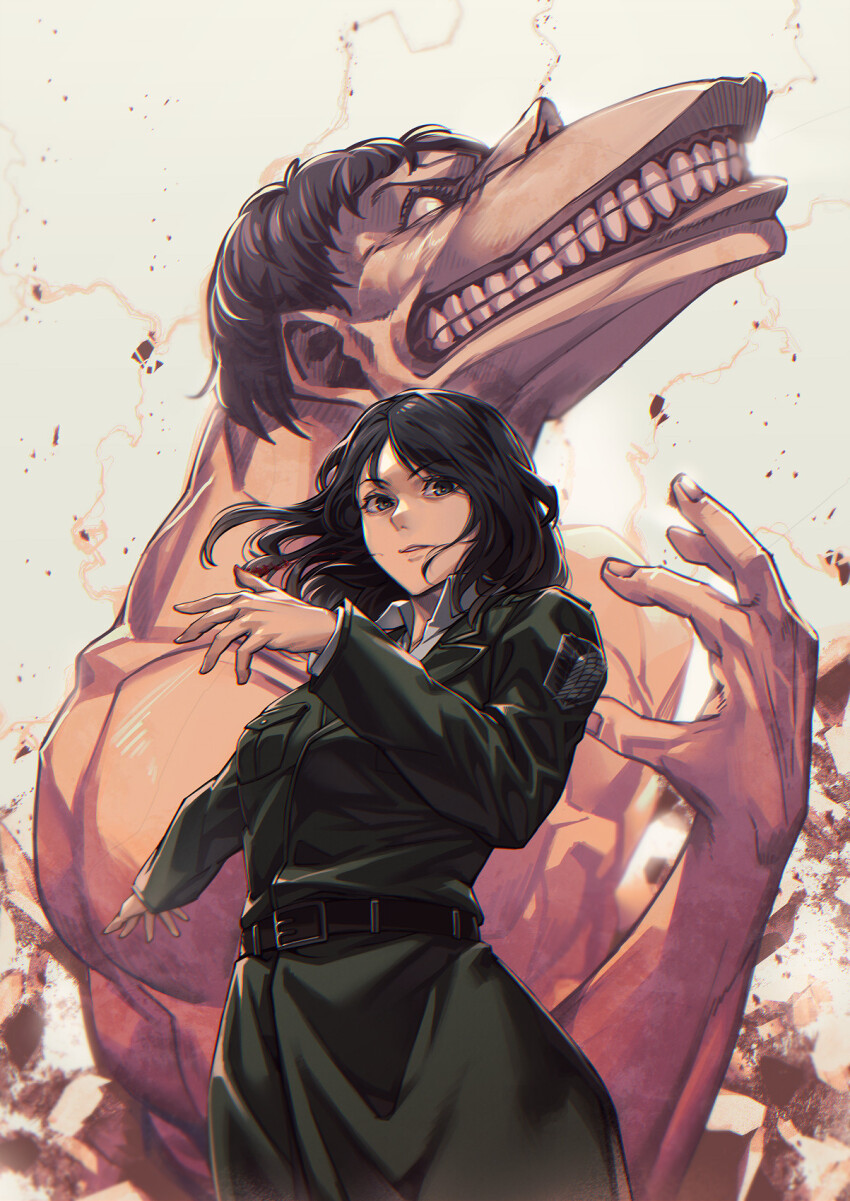 aquiline_nose belt black_eyes black_hair cart_titan emblem highres insignia jacket mikel_(4hands) nose pieck_finger shingeki_no_kyojin survey_corps_(emblem) titan_(shingeki_no_kyojin)