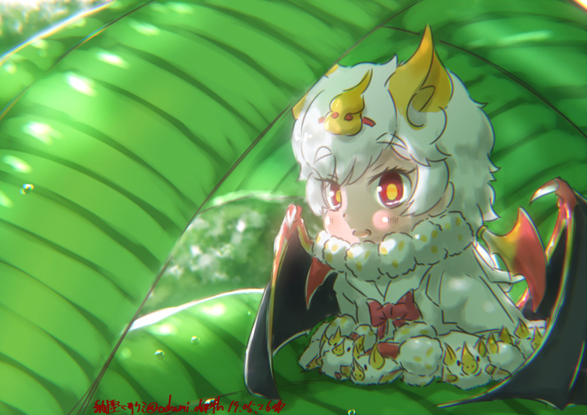 1girl animal animal_ears bat_(animal) bat_ears bow bowtie commentary dated extra_ears female_focus fur_collar honduran_white_bat_(kemono_friends) kemono_friends leaf looking_at_viewer mini_person minigirl nakashi_masakumi nature open_mouth red_bow red_bowtie red_eyes short_hair solo twitter_username water white_hair