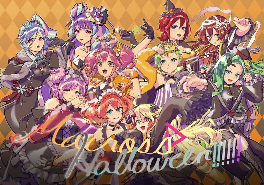 6+girls absurdres bare_shoulders blonde_hair blue_eyes blue_hair bow breasts brown_eyes claw_ring cleavage colored_sclera colored_tips dress freyja_wion frills green_eyes green_hair hair_behind_ear hair_between_eyes hair_bow hair_ornament halloween heart heart_hair_ornament heterochromia highres horns jacket jewelry kaname_buccaneer large_breasts long_hair long_sleeves looking_at_viewer macross macross_delta macross_delta:_zettai_live!!!!!! makina_nakajima medium_breasts mikumo_guynemer multicolored_hair multiple_girls open_hand open_mouth orange_hair pink_hair pink_sclera pointy_ears purple_hair red_eyes red_hair red_sclera reina_prowler shirt short_hair short_sidetail short_sleeves single_horn skirt sleeveless smile streaked_hair twintails two-tone_hair utari variable_fighter very_long_hair walkure_(macross_delta) yami_freyja yami_kaname yami_makina yami_q_ray yami_reina yamikumo