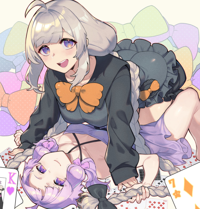 2girls absurdres ace_(playing_card) ace_of_hearts ace_of_spades ahoge all_fours bare_shoulders black_bow black_dress black_shirt bloomers blush bow bowtie braid breasts card club_(shape) collarbone commentary_request criss-cross_halter diamond_(shape) dress frilled_dress frills grey_hair hair_bow halter_dress halterneck heart highres holding holding_card kizuna_akari long_hair long_sleeves looking_at_viewer lying medium_breasts multiple_girls on_back on_person open_mouth orange_bow orange_bowtie pink_bow playing_card purple_bow purple_dress purple_eyes purple_hair shirt short_hair_with_long_locks shorts sidelocks sleeves_past_wrists small_breasts smile spade_(shape) teeth toriniku29 twin_braids underwear upper_teeth_only very_long_hair vocaloid voiceroid yuri yuzuki_yukari