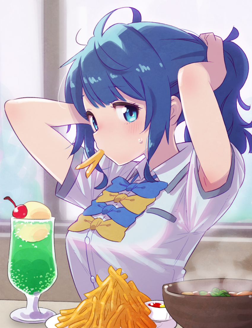 1girl ahoge arms_behind_head blue_bow blue_bowtie blue_eyes blue_hair blush bow bowl bowtie cherry collared_shirt cup drink drinking_glass eating food food_in_mouth french_fries fruit highres hurricane_glass ice_cream ice_cream_float indoors ketchup looking_at_viewer make_heroine_ga_oo_sugiru! medium_hair mouth_hold noodles picogames_off plate ramen restaurant school_uniform shirt short_sleeves soda solo summer_uniform sweatdrop tying_hair white_shirt yanami_anna yellow_bow yellow_bowtie