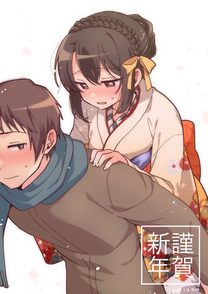 1boy 1girl alternate_hairstyle blush bow braid braided_bun brown_coat brown_eyes brown_hair carrying coat floral_print floral_print_kimono hair_bow hair_bun highres japanese_clothes kimono kyon long_sleeves piggyback print_kimono scarf suzumiya_haruhi suzumiya_haruhi_no_yuuutsu sweatdrop taiki_(6240taiki) translation_request winter_clothes winter_coat yellow_bow