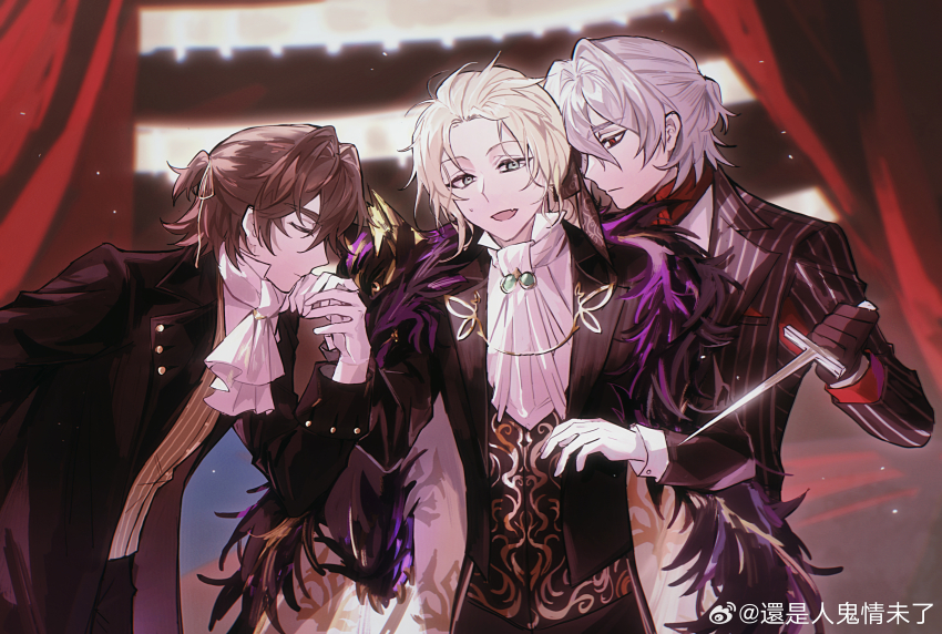 3boys absurdres antonio_salieri_(fate) antonio_salieri_(human)_(fate) antonio_salieri_(second_ascension)_(fate) artist_name ascot black_coat black_gloves black_vest blonde_hair brown_hair brown_vest chinese_commentary clone_harem closed_eyes coat commentary_request curtains fang fate/grand_order fate_(series) formal_clothes gloves green_eyes grey_hair hair_between_eyes hair_intakes hair_ribbon haishi_ren_gui_qing_weiliao half_updo highres holding holding_knife jacket kiss kissing_hand knife long_hair long_sleeves male_focus multiple_boys open_clothes open_coat open_mouth pinstripe_jacket pinstripe_pattern pinstripe_suit pinstripe_vest red_eyes ribbon shirt short_hair skin_fang smile stage stage_curtains striped_clothes striped_jacket striped_suit striped_vest suit sweat vertical-striped_clothes vertical-striped_jacket vest watermark weibo_watermark white_ascot white_gloves white_shirt wolfgang_amadeus_mozart_(fate) wolfgang_amadeus_mozart_(formal_dress)_(fate) yaoi yellow_ribbon