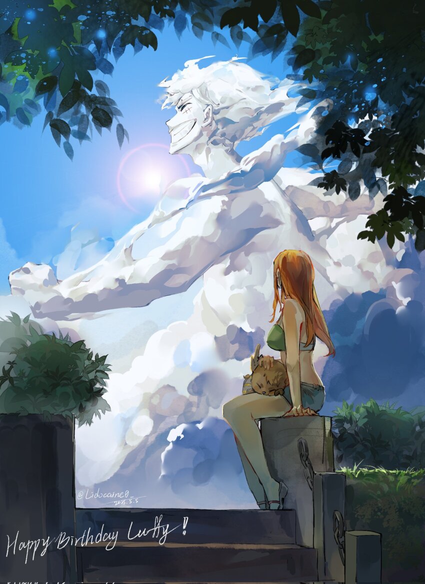 1girl 2boys alternate_form antlers arm_support bare_arms bare_legs bare_shoulders bikini bikini_top_only birthday blue_shorts blue_sky branch breasts brown_fur bush character_name chinese_commentary choppy_bangs cloud cloudy_sky commentary_request dated denim denim_shorts facial_scar from_side full_body gear_fifth giant giant_male green_bikini grin happy_birthday highres horns large_breasts leaf lidocaine0 long_hair looking_at_another looking_to_the_side lying_on_lap monkey_d._luffy multiple_boys nami_(one_piece) one_piece orange_hair outdoors profile reindeer_antlers reindeer_boy scar scar_on_cheek scar_on_face short_shorts shorts sitting sky smile stairs sun swimsuit tony_tony_chopper transformation twitter_username white_hair