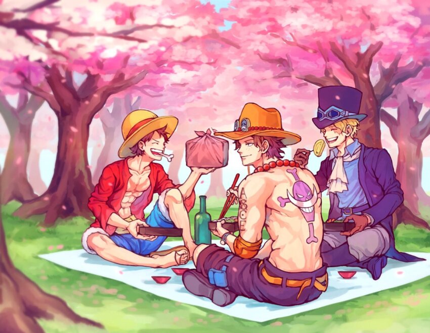 3boys aokamei arm_tattoo ascot back_tattoo bento black_hair black_shorts blonde_hair blue_coat blue_shirt bottle cherry_blossoms chopsticks coat commentary_request eating elbow_pads food freckles hat holding holding_chopsticks indian_style jolly_roger log_pose male_focus meat monkey_d._luffy multiple_boys one_piece open_clothes open_shirt portgas_d._ace pouch red_shirt scar scar_on_chest shirt shorts single_elbow_pad sitting tattoo thigh_pouch top_hat tree white_ascot whitebeard_pirates_jolly_roger