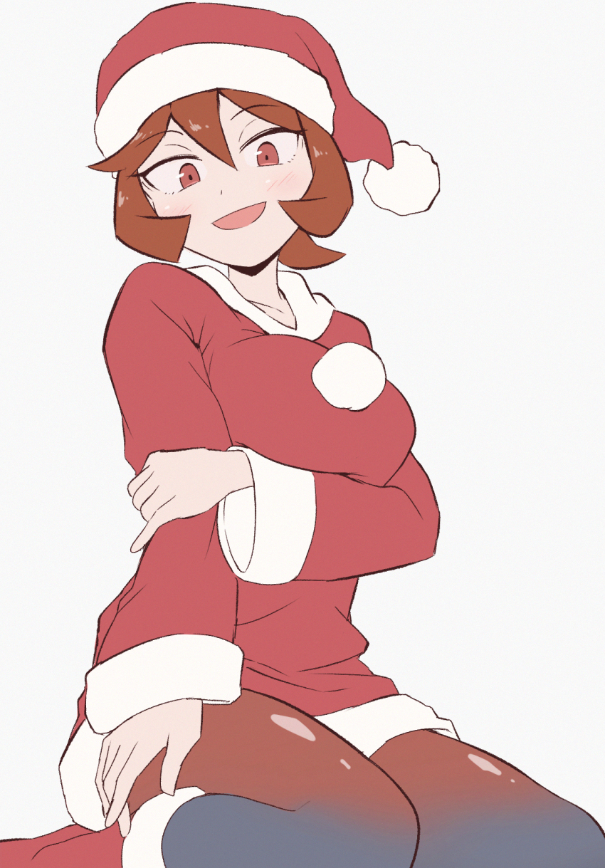 1girl alternate_costume arezu_(pokemon) blush boots breasts brown_hair dress female_focus fur-trimmed_boots fur-trimmed_dress fur-trimmed_headwear fur_trim grey_background hair_between_eyes hand_up happy hat highres holding_own_arm kurachi_mizuki leggings long_sleeves looking_at_viewer medium_breasts multicolored_leggings nintendo open_mouth pokemon pokemon_legends:_arceus pom_pom_(clothes) red_boots red_dress red_eyes red_hat red_leggings santa_costume santa_dress santa_hat shiny_clothes short_dress short_hair sidelocks simple_background sitting smile solo wariza