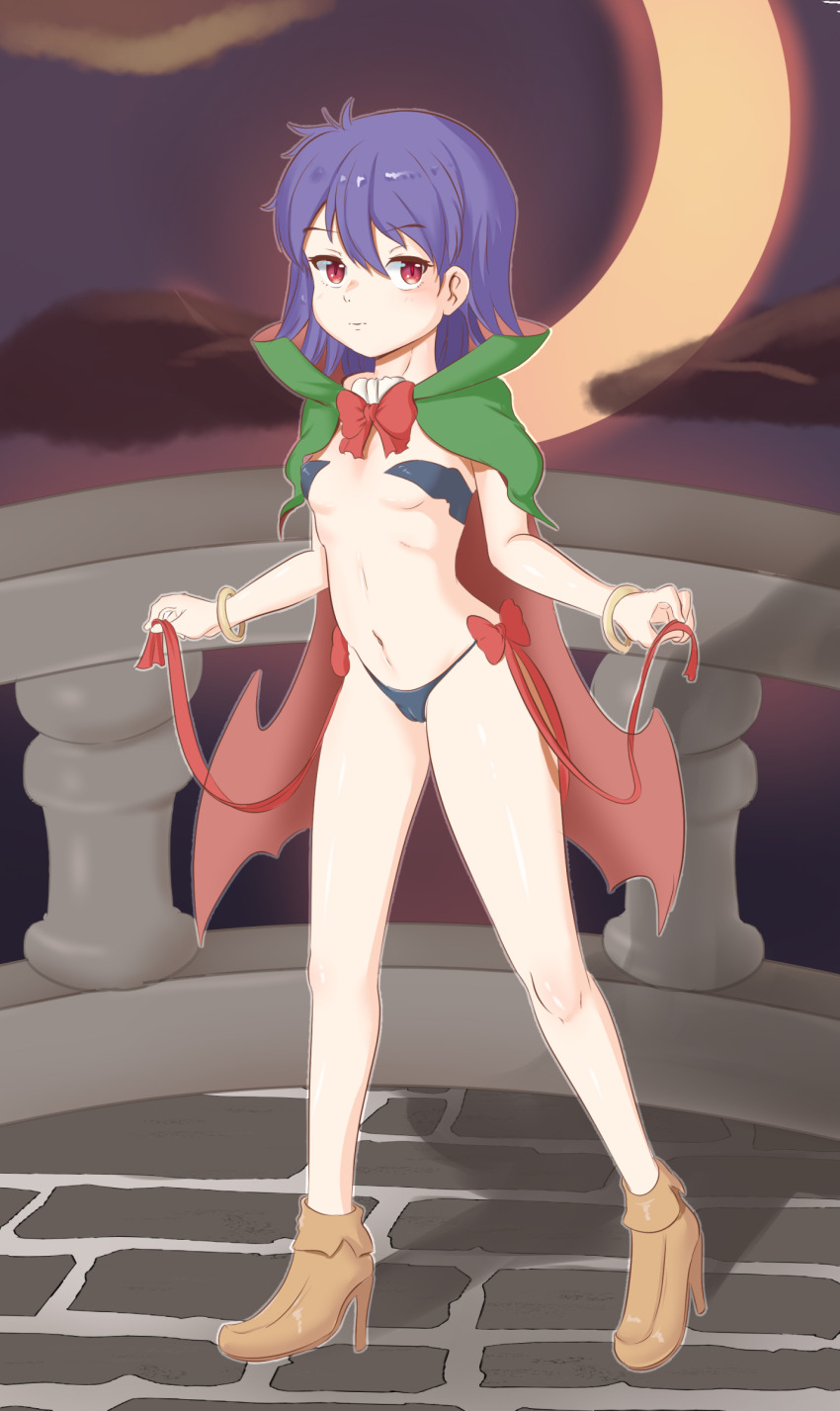 1girl absurdres belly black_bra black_panties black_sky blue_hair blush boots bow bra bracelet breasts brown_footwear cameltoe cape capelet carrie_fernandez castle castlevania:_legacy_of_darkness castlevania_(series) cement cleavage cloud cloudy_sky collarbone crescent eyebrows eyelashes fangs female female_focus glowing gold_bracelet green_cape green_capelet head high_heel_boots high_heels highres jewelry konami latex latex_bra latex_panties latex_thong legs makeup mascara medium_hair moon navel neck night night_sky panties pink_cape pink_capelet pink_lips pixiv pixiv_username pole railing red_bow red_eyes red_ribbon ribbon shiny_clothes shiny_footwear shiny_skin skinny sky teeth thick_thighs thighs thong underboob underwear wide_hips zeniselv