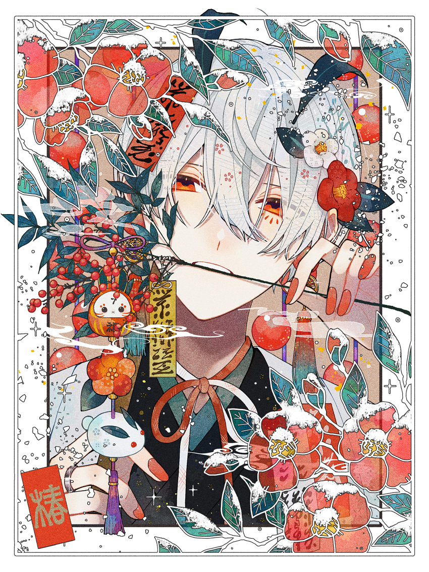 1boy arrow_(projectile) bell bishounen commentary egasumi facial_mark floral_border flower hair_between_eyes hamaya highres holding holding_arrow japanese_clothes jingle_bell looking_at_viewer male_focus orange_nails original red_flower shira_mame93 short_hair smoke snow_rabbit solo symbol-only_commentary upper_body weapon white_hair winter