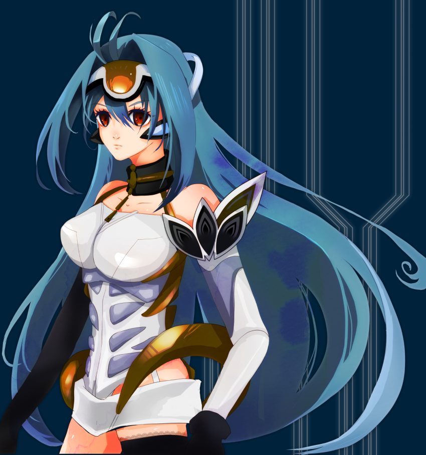 1girl android blue_hair breasts commentary eyelashes forehead_protector hair_between_eyes highres kos-mos large_breasts long_hair moguna red_eyes solo very_long_hair xenosaga xenosaga_episode_i