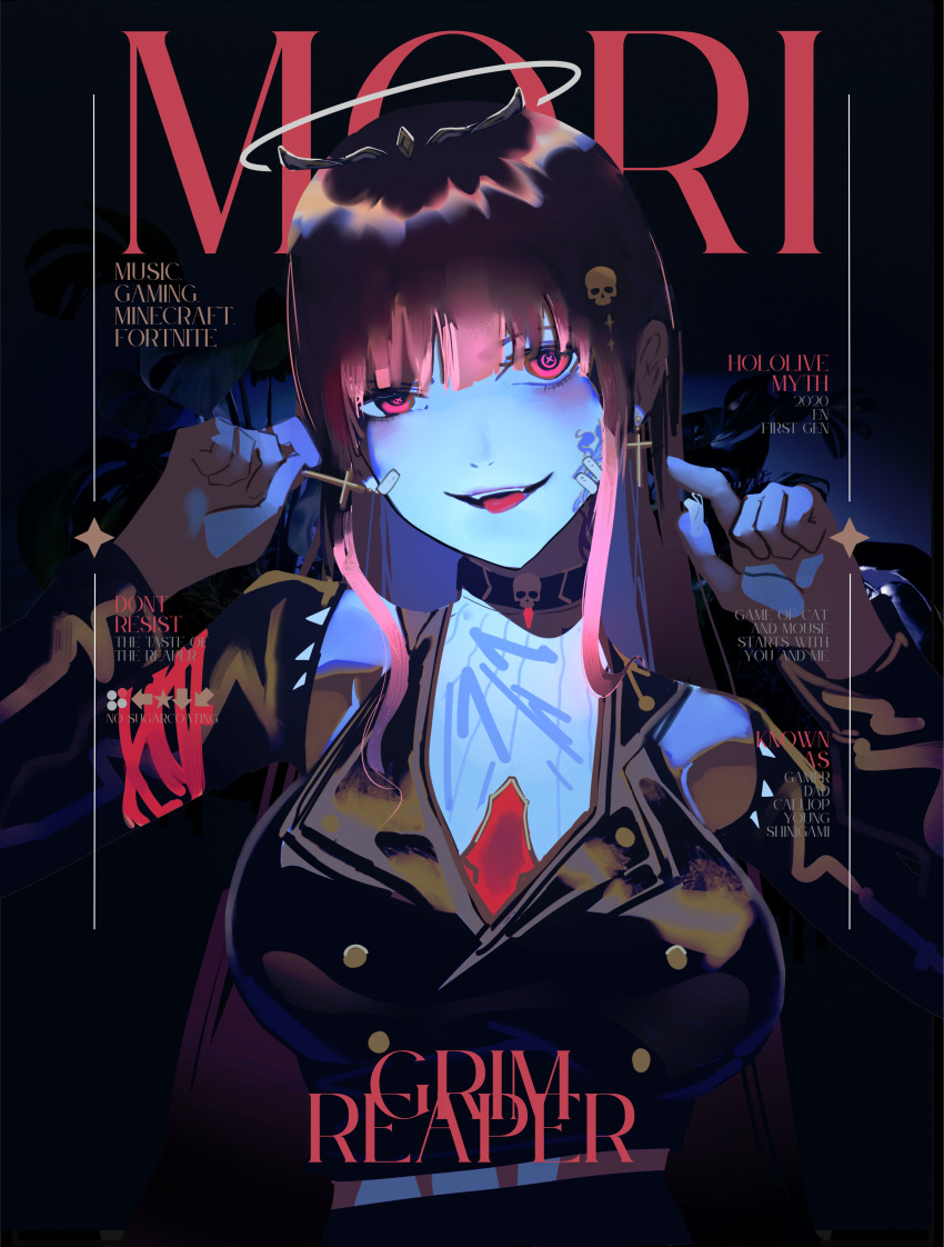 1girl absurdres breasts character_name commentary copyright_name cross cross_earrings earrings english_commentary halo highres hololive hololive_english inaku jewelry long_hair mori_calliope pink_eyes pink_hair solo virtual_youtuber