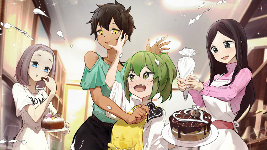 4girls apron black_eyes black_skirt blue_eyes brown_hair cake chocolate chocolate_cake clothes_writing clothing_cutout dark-skinned_female dark_skin eating fang food green_eyes green_hair green_shirt hair_between_eyes hand_on_another&#039;s_cheek hand_on_another&#039;s_face heart height_difference highres holding holding_cake holding_chocolate holding_food igarashi_futaba kurobe_natsumi long_hair medium_hair mo0o0rae mole mole_under_eye multiple_girls open_mouth parted_bangs pastry_bag pink_sweater sakurai_touko senpai_ga_uzai_kouhai_no_hanashi shirt shirt_tucked_in short_hair shoulder_cutout skirt smile sweater tsukishiro_mona turtleneck turtleneck_sweater upper_body white_apron white_background yellow_apron yellow_eyes