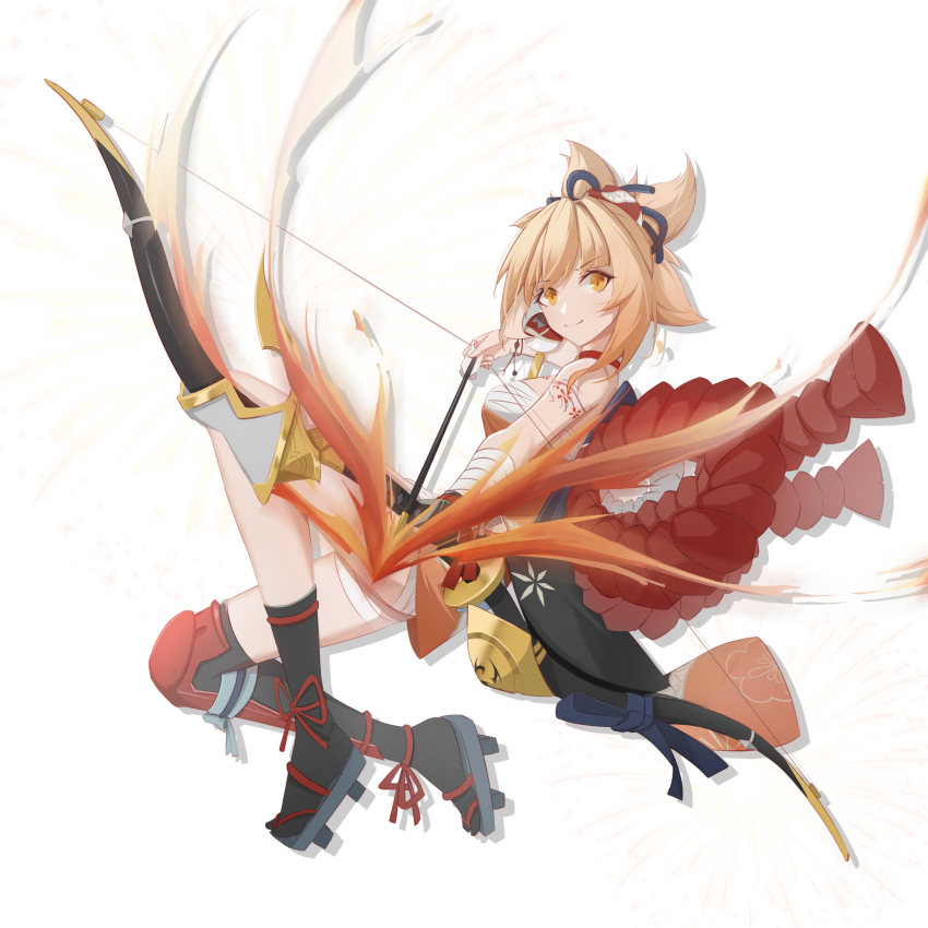 1girl absurdres arrow_(projectile) asymmetrical_legwear bandages_around_chest black_thighhighs bow_(weapon) brown_eyes brown_hair closed_mouth flaming_arrow full_body genshin_impact hair_between_eyes hair_ornament highres holding holding_arrow holding_bow_(weapon) holding_weapon japanese_clothes l1an9_(user_xdpk2425) looking_at_viewer sarashi simple_background smile solo thighhighs uneven_legwear v-shaped_eyebrows weapon white_background yoimiya_(genshin_impact)