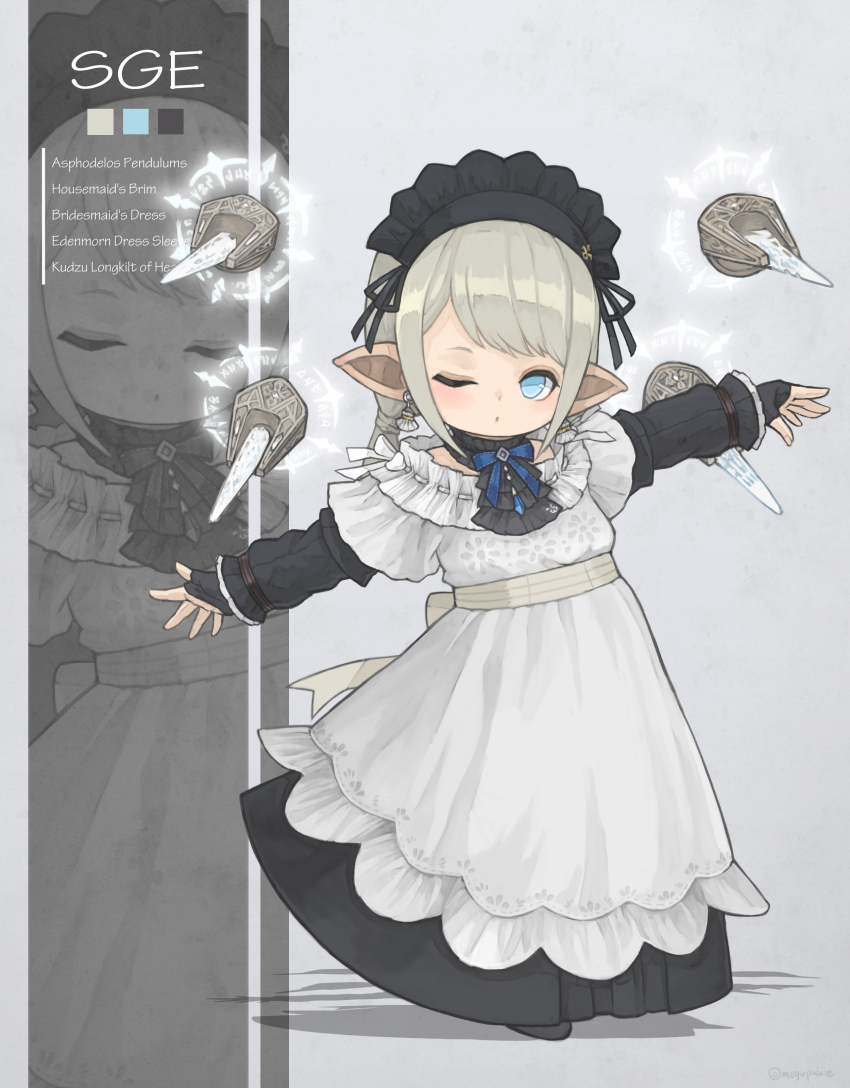 1girl absurdres ascot balancing black_ascot black_dress black_headdress blue_eyes closed_mouth dot_mouth dress english_text final_fantasy final_fantasy_xiv flat_chest full_body gloves highres lalafell large_ribbon light_blush long_bangs looking_at_viewer maid multiple_views one_eye_closed partially_fingerless_gloves pointy_ears puluie sage_(final_fantasy) shadow simple_background two-tone_dress waist_ribbon warrior_of_light_(ff14) white_dress