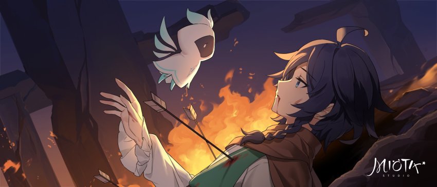 1boy 1other ahoge arrow_(projectile) artist_name barbatos_(genshin_impact) black_hair blood blood_from_mouth blood_on_clothes blue_eyes braid brown_cloak chinese_commentary cloak commentary_request darkcatowo fire flying genshin_impact green_vest grey_shirt hair_between_eyes hand_up highres injury long_sleeves looking_at_another looking_down looking_up lying night night_sky no_headwear on_back on_ground open_mouth outdoors puffy_long_sleeves puffy_sleeves purple_sky shirt short_hair sky twin_braids venti_(genshin_impact) vest weapon