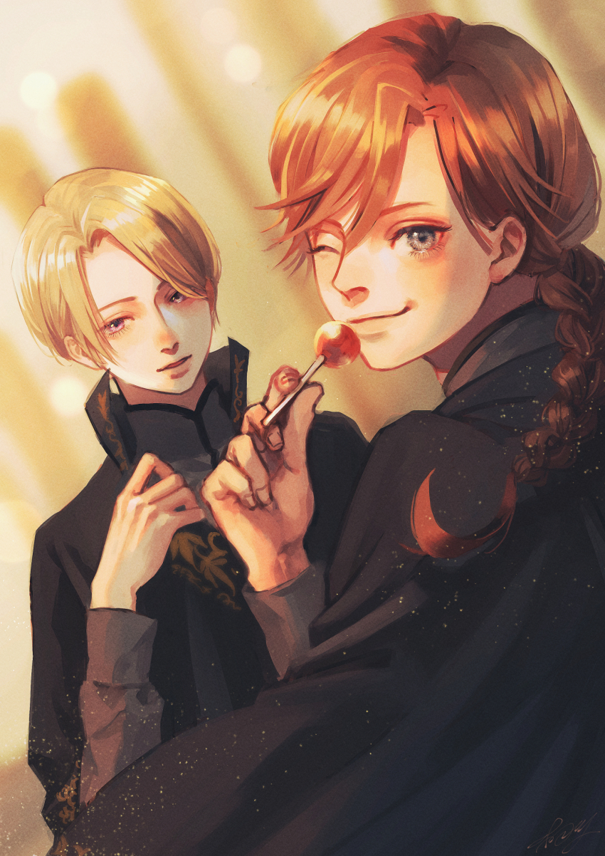 2boys black_robe blonde_hair blurry blurry_background brown_hair candy commission earrings fingernails food grey_eyes highres holding holding_candy holding_food holding_lollipop jewelry kurosujuu light_particles lollipop long_sleeves looking_at_viewer looking_back male_focus multiple_boys one_eye_closed original parted_lips robe skeb_commission smile