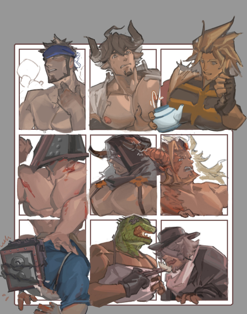 6+boys anal animal_head bara barawa bare_pectorals beard biceps blonde_hair blue_headband caiman_(dorohedoro) character_request copyright_request cow_boy cow_horns cowboy_shot dorohedoro draph facial_hair fedora feeding flexing full_beard goatee grabbing_own_pectoral granblue_fantasy green_scales guilty_gear hat headband highres horns large_pectorals leo_whitefang luboyaqqz male_focus male_lactation male_penetrated mature_male multiple_boys multiple_drawing_challenge muscular muscular_male nipples object_head outside_border pectorals pouring pyramid_head reptile_boy sex short_hair silent_hill_(series) six_fanarts_challenge smile spikes sweat teapot thick_beard thick_eyebrows vaseraga yaoi