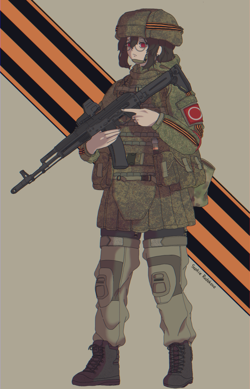 1girl ak-74 ak-74m ammunition_pouch assault_rifle b1-517 black_boots black_hair body_armor boots bulletproof_vest camouflage combat_helmet cross-laced_footwear digital_camouflage frown glasses gun helmet highres holding holding_weapon kalashnikov_rifle knee_pads load_bearing_vest messy_hair military military_combat_uniform military_uniform original pouch red_eyes ribbon_of_saint_george rifle round_eyewear russia russian_ground_forces russo-ukrainian_war sidelocks skirt sophie_rudakova weapon