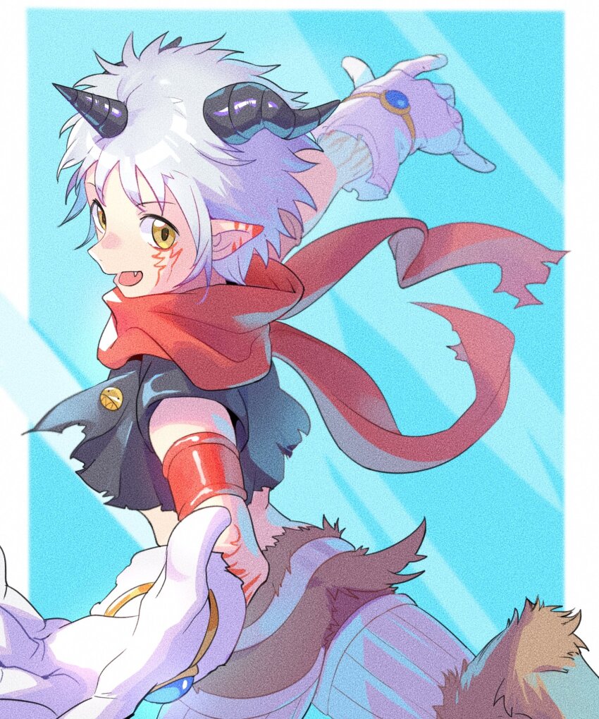 1boy aegiomon animal_legs black_vest blue_background body_fur border brown_fur digimon digimon_(creature) facial_mark from_behind gloves goat_boy highres horns jinrou_(cyanord_k) looking_at_viewer looking_back male_focus no_shirt pointy_ears red_scarf running scarf simple_background solo vest white_border white_gloves