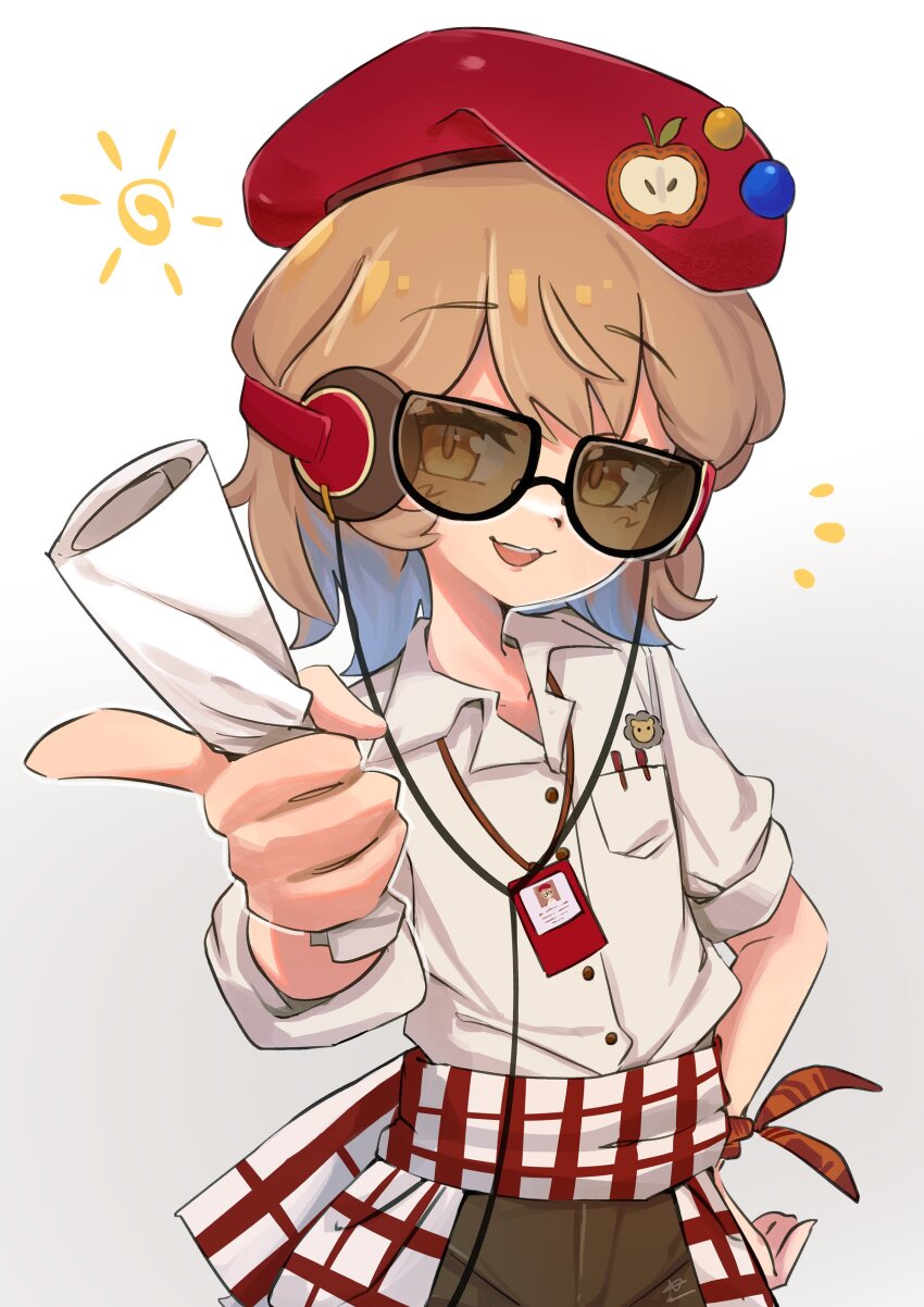 1girl :d absurdres beret brown_hair brown_pants collared_shirt eyes_visible_through_eyewear hand_on_own_hip hat headphones highres holding holding_paper lanyard looking_at_viewer mashma11ow official_alternate_costume open_mouth orange_eyes outstretched_hand pants paper paper_roll pointing pointing_at_viewer red_hat regulus_(reverse:1999) reverse:1999 shirt short_hair sleeves_rolled_up smile solo sun_symbol sunglasses upper_body white_background white_shirt
