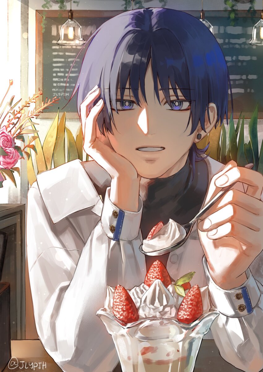 1boy alternate_costume casual collared_shirt contemporary cream eyeliner eyeshadow flower food fruit genshin_impact glass hands_up highres holding holding_spoon incoming_food indoors jlypih leaf long_sleeves looking_at_viewer makeup male_focus official_alternate_costume open_mouth parfait partially_unbuttoned pink_flower pink_rose plant potted_plant purple_eyes purple_hair red_eyeliner red_eyeshadow rose scaramouche_(genshin_impact) shirt solo spoon strawberry tsurime twitter_username wanderer_(genshin_impact) wanderer_(wanderer_impression)_(genshin_impact) white_mouth white_shirt white_sleeves wing_collar