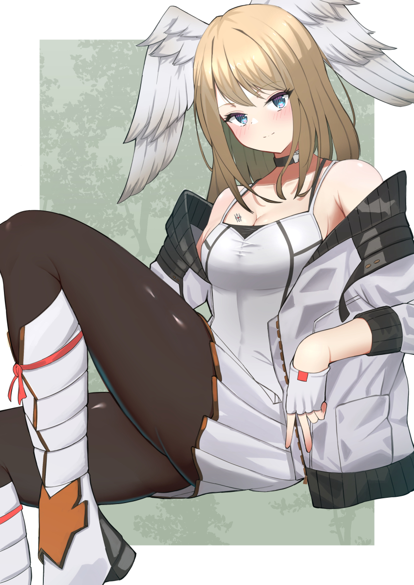 1girl absurdres blue_pupils breast_tattoo camisole cosplay eteko_(eteco30) eunie_(xenoblade) fiery_hair head_wings highres jacket mio_(xenoblade) mio_(xenoblade)_(cosplay) simple_background skirt smile solo tank_top tattoo white_camisole white_jacket white_skirt white_tank_top white_wings wings xenoblade_chronicles_(series) xenoblade_chronicles_3