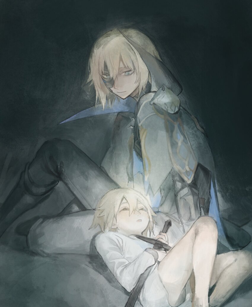 1boy absurdres age_comparison black_cape black_pants blonde_hair blue_eyes boots cape closed_mouth dainsleif_(genshin_impact) genshin_impact hair_between_eyes half_mask highres holding holding_sword holding_weapon kaimochi0839 lap_pillow looking_at_another mask pants shorts sitting sleeping sword symbol-shaped_pupils time_paradox weapon