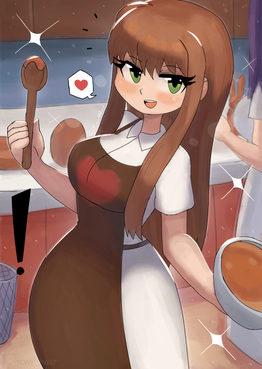 ! 2girls absurdres apron blush bowl breasts brown_apron brown_hair candy chocolate chocolate_egg chocolate_rabbit doki_doki_literature_club dress food green_eyes heart heart_print highres holding holding_bowl holding_spoon kitchen large_breasts long_hair looking_at_viewer monika_(doki_doki_literature_club) multiple_girls open_mouth print_apron purple_hair short_sleeves smile sparkle speech_bubble spoken_heart spoon standing teeth thick_thighs thighs tony_welt trash_can white_dress wide_hips wooden_spoon yuri_(doki_doki_literature_club)