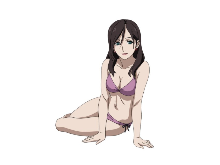 bikini breasts brown_hair earrings ga-rei ga-rei_zero green_eyes highres jewelry jinguuji_ayame kneeling large_breasts long_hair official_art pink_bikini swimsuit