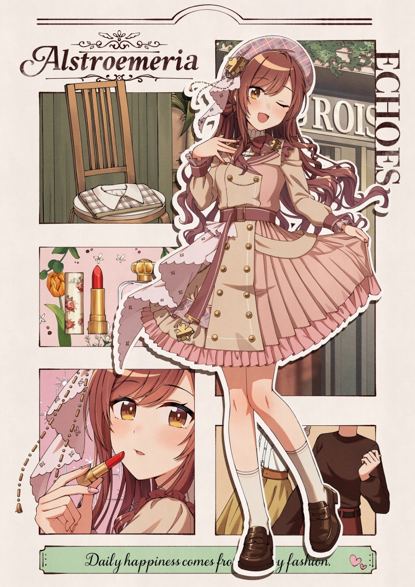 1girl ;d absurdres applying_makeup applying_own_makeup beret blush brown_dress brown_shoes commentary_request cosmetics dress english_text fashion french_girly hat highres idolmaster idolmaster_shiny_colors kurageso lipstick lipstick_tube loafers long_hair long_sleeves looking_at_viewer makeup nail_polish one_eye_closed open_mouth orange_eyes osaki_amana pink_dress pink_hat plaid_hat pleated_dress red_hair shoes smile socks solo swept_bangs two-tone_dress white_socks yellow_eyes