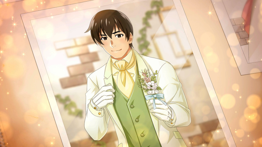 1boy akasaka_mamoru black_hair blue_bow blue_ribbon blush bouquet bow buttons closed_mouth collared_shirt dress_shirt flower formal_clothes gloves green_vest groom hair_between_eyes high_collar highres higurashi_no_naku_koro_ni higurashi_no_naku_koro_ni_mei holding holding_bouquet jacket long_bangs long_sleeves looking_at_viewer male_focus official_art photo_(object) pink_flower plant popped_collar ribbon shirt short_hair smile solo sparkle suit suit_jacket tuxedo vest vines white_flower white_suit yellow_shirt