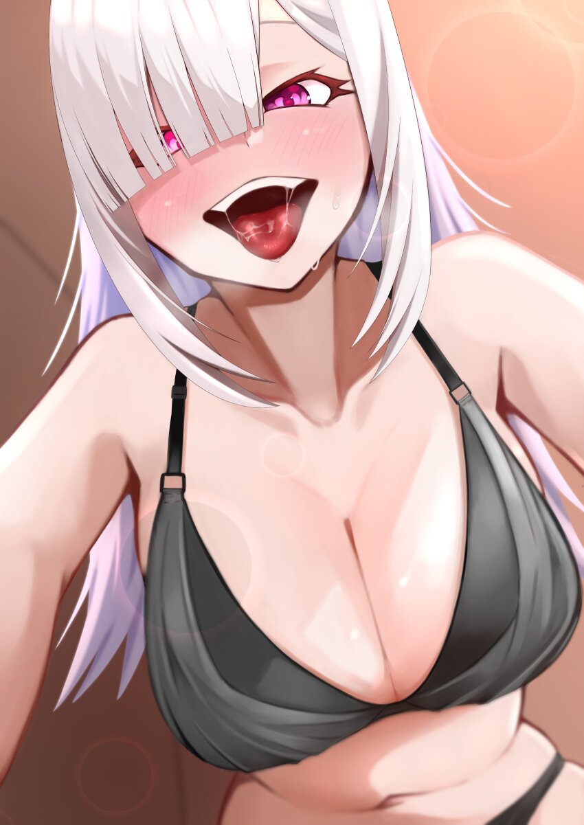 1girl absurdres black_bra black_panties blush bra breasts cleavage collarbone grey_hair hair_over_one_eye hashtag-only_commentary highres large_breasts long_hair navel nijisanji open_mouth panties pink_eyes saliva smile solo stomach sukoya_kana sweat teeth tongue tongue_out underwear underwear_only upper_teeth_only virtual_youtuber yuk264132559156