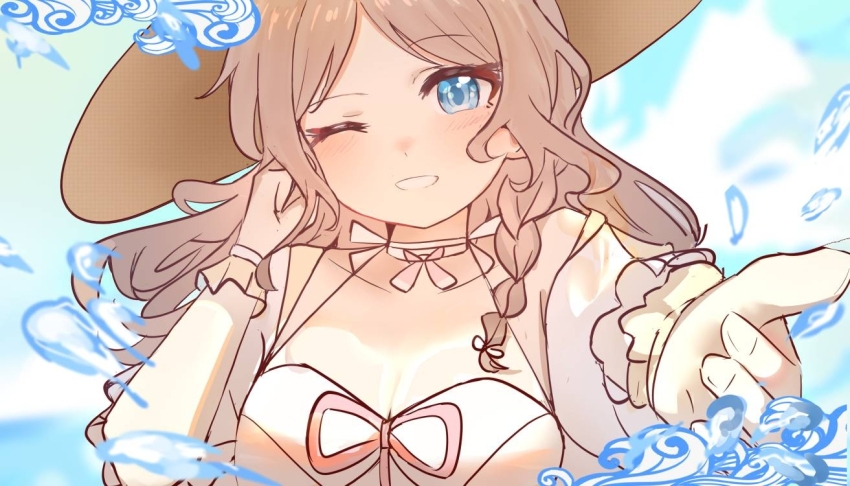 1girl ansy09080527 bang_dream! bang_dream!_it&#039;s_mygo!!!!! blue_eyes blush braid breasts brown_hat chinese_commentary choker cleavage commentary_request dress hat large_breasts nagasaki_soyo one_eye_closed open_mouth reaching reaching_towards_viewer side_braid sidelocks solo tucking_hair white_choker