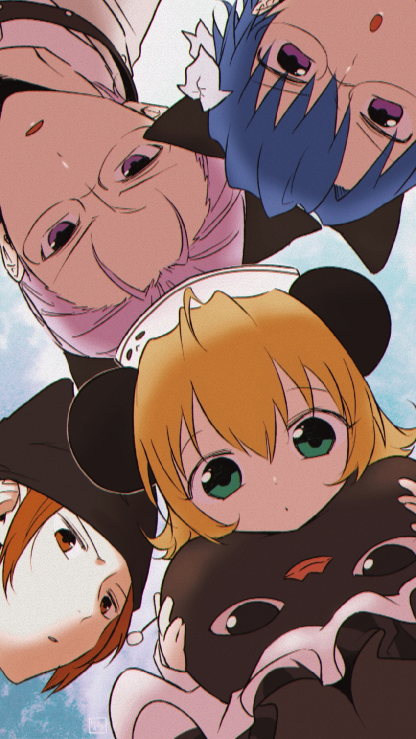 1girl 3boys absurdres ahoge animal_ears apron beanie black_dress black_hat black_pantyhose blonde_hair blue_hair brown_eyes brown_hair cat_ears chromatic_aberration closed_mouth commentary_request coo_erhard creature di_gi_charat dress film_grain flipped_hair glasses green_eyes hair_between_eyes hakoniwa_(5ma_suke) hat highres holding holding_creature ky_schweitzer looking_at_viewer medium_hair multiple_boys nazo_gema nurse_cap open_mouth panda_ears pantyhose parted_lips piyoko purple_eyes purple_hair rik_heisenberg semi-rimless_eyewear short_hair striped_clothes striped_dress under-rim_eyewear white_apron white_hat