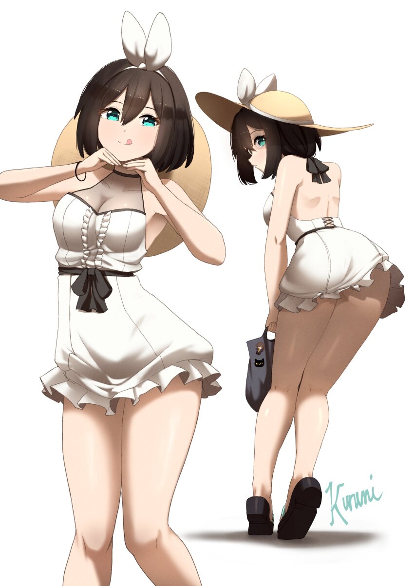 absurdres armpits back black_hair blue_eyes borrowed_character breasts cleavage dress fav_faris hat highres kurumi_(zero0ex) original ribbon simple_background sun_hat thighs white_dress white_ribbon