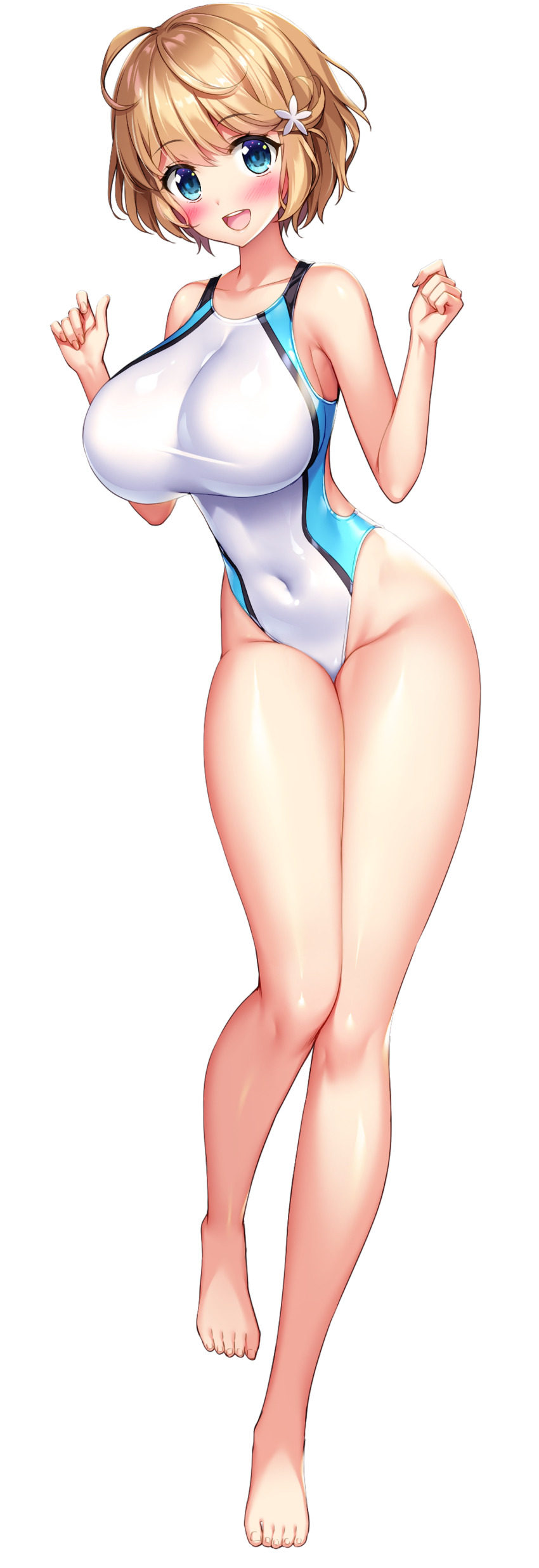 1girl absurdres blue_eyes blush breasts brown_hair competition_swimsuit covered_navel derauea flower_hairpin game_cg highleg highleg_one-piece_swimsuit highres leg_up looking_at_viewer milk_factory motto!_haramase!_honoo_no_oppai_chou_ero_appli_gakuen! non-web_source official_art one-piece_swimsuit open_mouth short_hair smile solo standing swimsuit tachi-e teeth transparent_background two-tone_swimsuit upper_teeth_only w_arms white_one-piece_swimsuit yutani_hinata