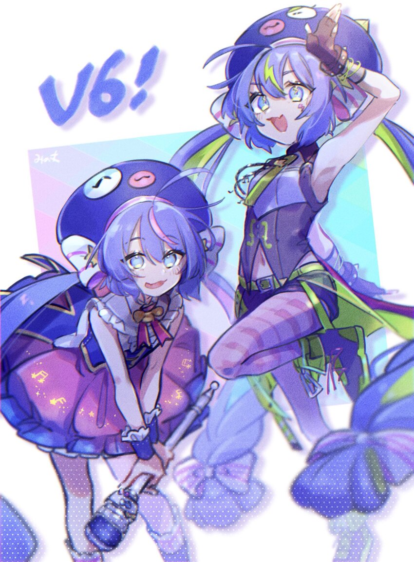 2girls arm_up bare_arms beamed_sixteenth_notes bent_over black_gloves blue_eyes blue_hair blue_headwear blue_theme bow bracelet braid commentary dual_persona eel_hat fang fingerless_gloves fortissimo gloves green_hair green_necktie hair_bow halftone halftone_background highres holding holding_microphone jewelry large_hat lightning_bolt_symbol lightning_hair looking_at_viewer low_twin_braids low_twintails mi_no_take microphone microphone_wand multicolored_hair multiple_girls musical_note musical_note_print navel neck_ribbon necktie open_mouth otomachi_una otomachi_una_(spicy) otomachi_una_(sugar) otomachi_una_(vocaloid6_spicy) otomachi_una_(vocaloid6_sugar) piano_print pink_hair pink_ribbon purple_skirt ribbon sixteenth_note skin_fang skirt spiked_bracelet spikes star_(symbol) star_print striped_bow symbol-only_commentary twin_braids twintails two-tone_hair vocaloid wrist_cuffs