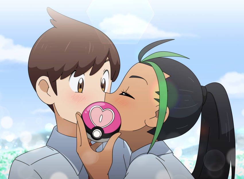 absurdres ahoge black_hair blush brown_hair closed_eyes covered_mouth florian_(pokemon) highres kiss lens_flare love_ball nemona_(pokemon) nintendo pok3d poke_ball pokemon pokemon_sv school_uniform