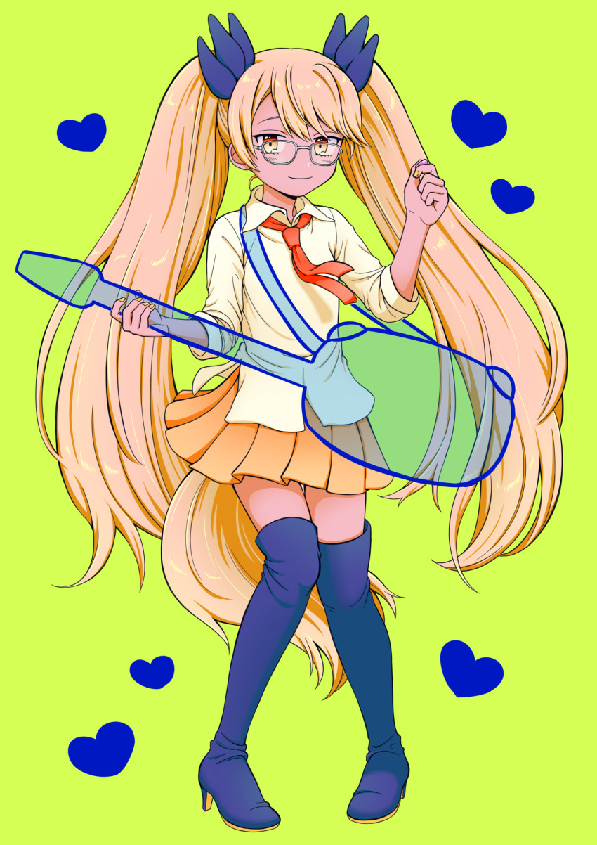 1girl blonde_hair blue_boots boots chiyo_nori collared_shirt dog_girl dog_tail full_body glasses green_background guitar hand_up heart high_heel_boots high_heels highres holding holding_guitar holding_instrument holding_plectrum instrument knees_together_feet_apart long_hair looking_at_viewer necktie plectrum red_necktie retoree_(show_by_rock!!) shirt show_by_rock!! simple_background skirt smile solo tail thigh_boots twintails white_shirt yellow_eyes yellow_nails yellow_skirt
