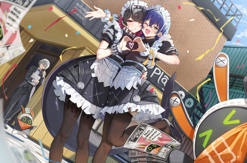1boy 2girls absurdres apron bangboo_(zenless_zone_zero) belle_(zenless_zone_zero) black_dress black_hair black_pants black_pantyhose black_thighhighs black_vest blue_hair closed_mouth commentary_request cosplay dress ellen_joe ellen_joe_(cosplay) eous_(zenless_zone_zero) fins fish_tail formal_clothes green_eyes grey_hair heart heart_hands heart_hands_duo highres holding holding_newspaper leg_up maid maid_apron maid_headdress multicolored_hair multiple_girls newspaper one_eye_closed open_mouth outdoors pants pantyhose puffy_short_sleeves puffy_sleeves ramanda red_eyes red_hair scrunchie shark_girl shark_tail short_sleeves smile suit tail thighhighs two-tone_hair vest white_apron wise_(zenless_zone_zero) wrist_scrunchie zenless_zone_zero