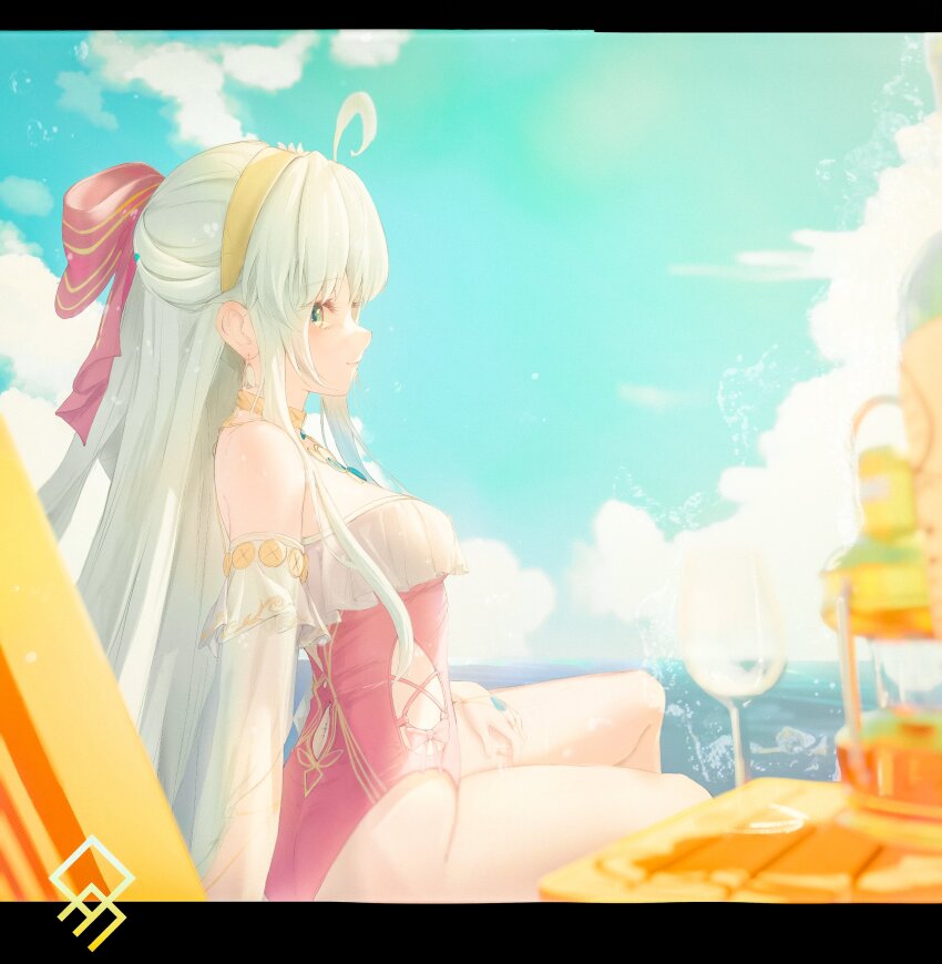 1girl absurdres aqua_eyes artist_logo bare_shoulders bow breasts carlotta_(splashing_summer)_(wuthering_waves) carlotta_(wuthering_waves) closed_mouth commentary grey_hair hair_bow highres logo long_hair medium_breasts official_alternate_costume one-piece_swimsuit pink_bow pink_one-piece_swimsuit quragenomiken smile solo striped_bow swimsuit wuthering_waves