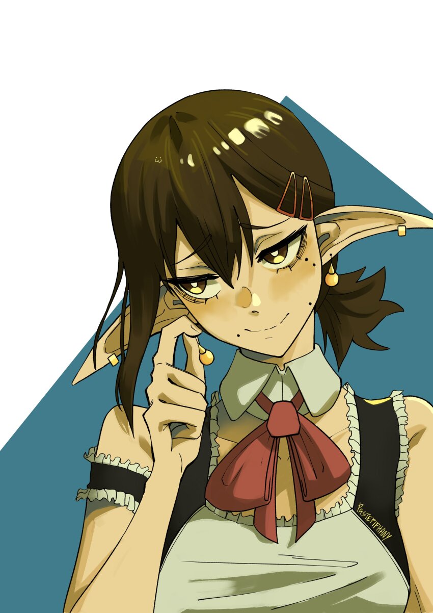 absurdres alternate_species bare_shoulders brown_eyes brown_hair chainsaw_man detached_collar dress earrings elf frilled_dress frills hair_between_eyes higashiyama_kobeni highres jewelry neck_ribbon pastepiphany pointy_ears ribbon upper_body