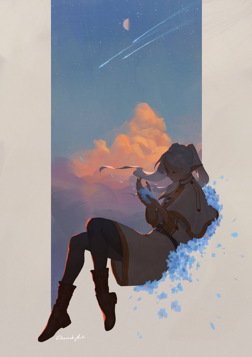 1girl absurdres blue_petals brown_footwear choroskiart dress elf floating_hair frieren golden_hour half_moon highres long_hair moon pointy_ears solo sousou_no_frieren white_dress white_hair
