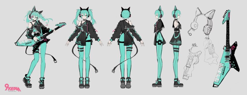 1girl alternate_costume animal_ear_headphones animal_ears aqua_eyes aqua_leggings asymmetrical_jacket asymmetrical_skirt back baggy_clothes belt black_choker black_footwear black_jacket black_skirt cat_ear_headphones reference_sheet choker collarbone colored_skin concept_art contrapposto electric_guitar expressionless fake_animal_ears flat_color grey_belt grey_skin guitar half-closed_eyes half-skirt hatsune_miku head_tilt headphones headset highres holding holding_guitar holding_instrument holster instrument jacket jiu_ye_sang keytar leg_holster leggings long_hair looking_at_viewer miniskirt multicolored_hair multiple_views music number_tattoo open_clothes open_jacket pale_skin playing_instrument pleated_skirt profile serious shoes single_bare_shoulder skirt sneakers streaked_hair tattoo twintails vocaloid zipper zipper_pull_tab