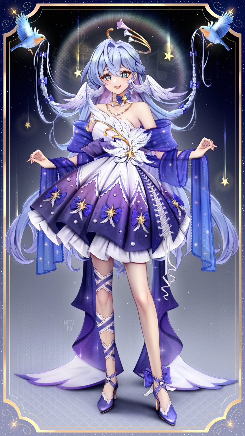 :d absurdres alternate_costume arm_ribbon artist_name asymmetrical_footwear asymmetrical_legwear bird border bow bow_choker choker cross-laced_clothes cross-laced_dress double-parted_bangs dress facing_viewer footwear_bow full_body fur_trim gold_border gradient_background green_eyes hair_lift halo happy high_heels highres honkai:_star_rail honkai_(series) jewelry layered_dress long_hair mechanical_halo necklace netapai1 off-shoulder_dress off_shoulder open_mouth pleated_dress purple_dress purple_footwear purple_hair purple_ribbon ribbon robin_(honkai:_star_rail) smile solo standing star_(symbol) two-tone_dress uneven_legwear very_long_hair white_dress