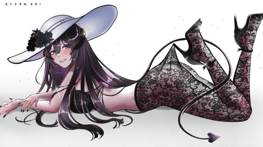 1girl artist_name black_bra black_hair black_horns black_nails bra breasts constance_(honkai:_star_rail) demon_horns demon_tail ern_kri fake_nails fishnet_pantyhose fishnets hashtag-only_commentary hat high_heels highres honkai:_star_rail honkai_(series) horns lace_pantyhose_hooked_on_heel_(meme) large_breasts long_hair looking_at_viewer lying mole mole_under_eye on_stomach pantyhose purple_eyes simple_background smile solo tail underwear very_long_hair white_background white_hat